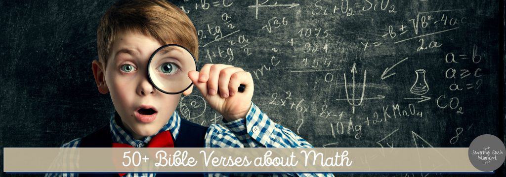 Smart young boy looking through a magnifying glass with a surprised expression to see Bible verses about math.