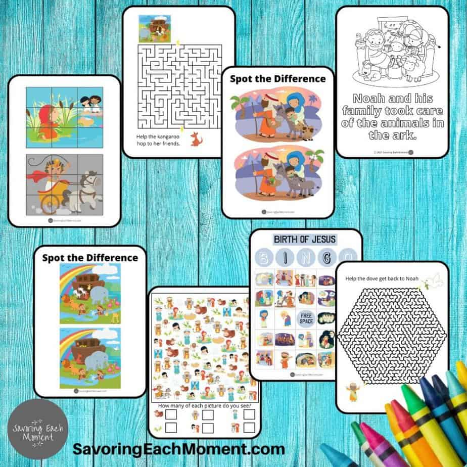 lots of bible worksheets for kids spread out on table