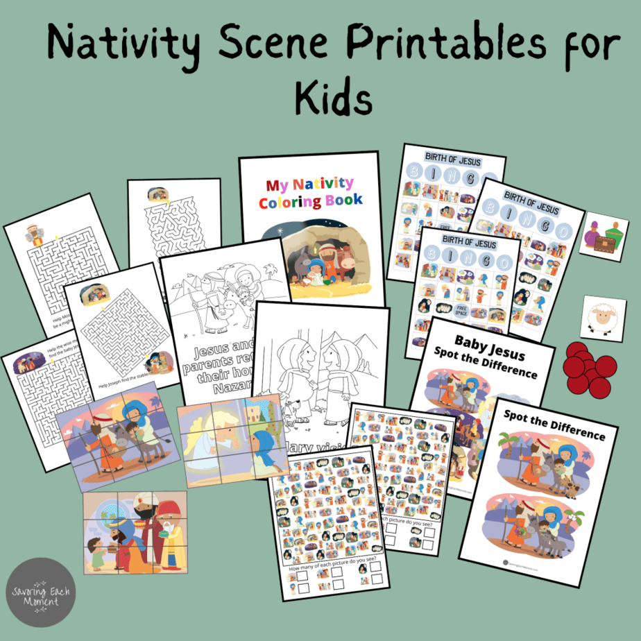 a whole layout of nativity scene printables, baby Jesus in the manger coloring pages, nativity bingo games and more.