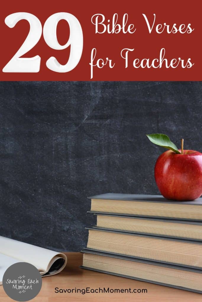 29 Encouraging Bible verses for teachers on a chalkboard behind a desk with an apple and a stack of textbooks.